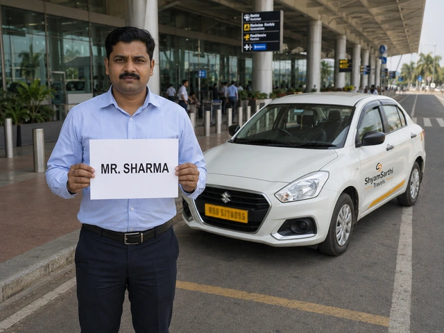 Chauffeur holding a name card while waiting for airport pickup at Raja Bhoj Airport Bhopal