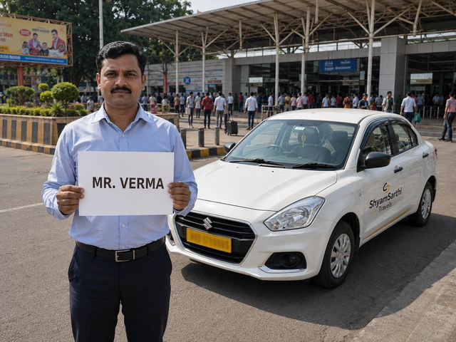 Driver holding a name card while waiting for railway station pickup in Bhopal
