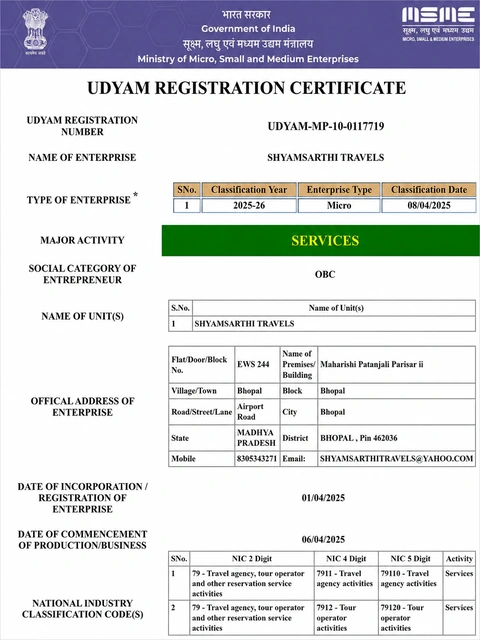 MSME Udyam registration certificate for Shyam Sarthi Travels, Bhopal