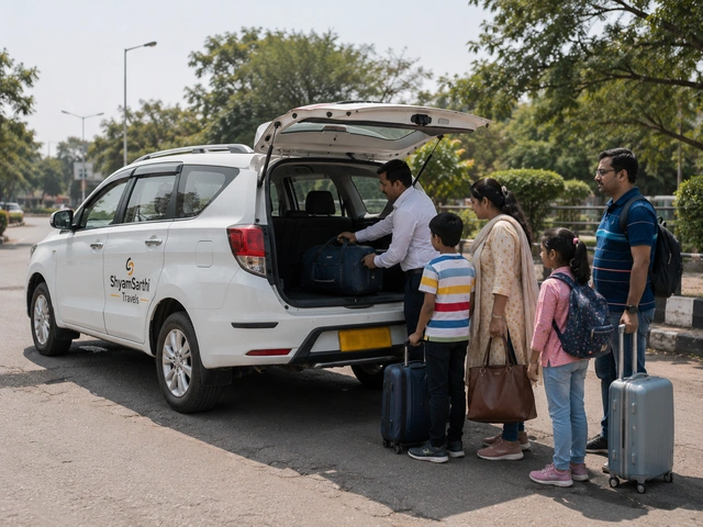 Family boarding a round trip taxi for a day outing from Bhopal