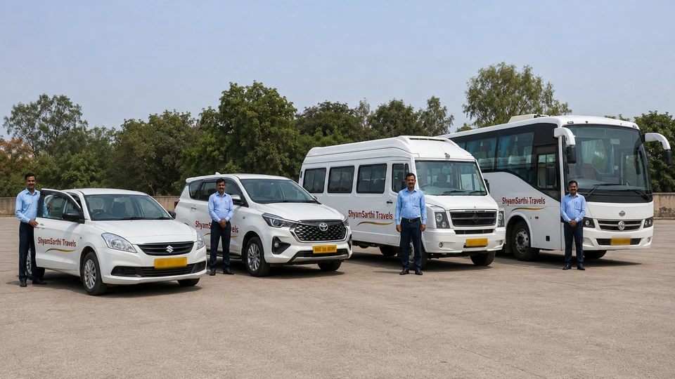 Fleet of sedan, SUV, tempo traveller and luxury bus vehicles available for taxi service in Aron